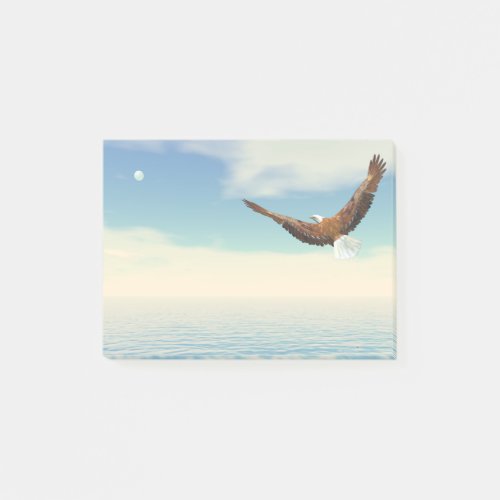 Bald eagle flying upon the ocean to the moon post_it notes