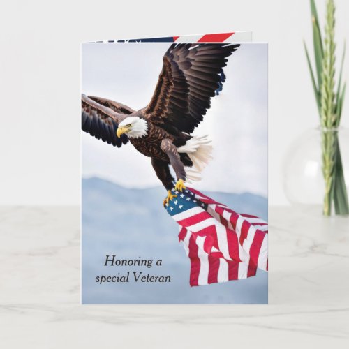Bald Eagle Flying With a Flag for Veterans Day Card