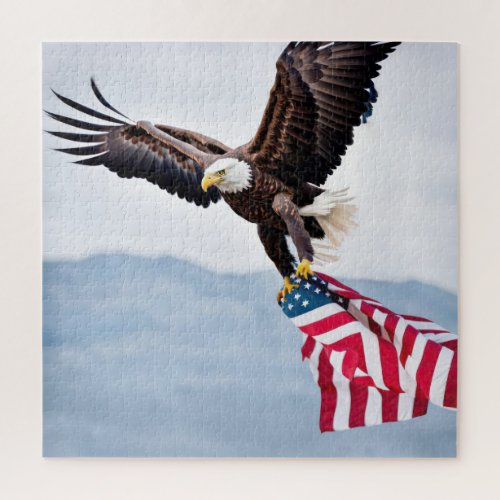 Bald Eagle Flying With American Flag Jigsaw Puzzle