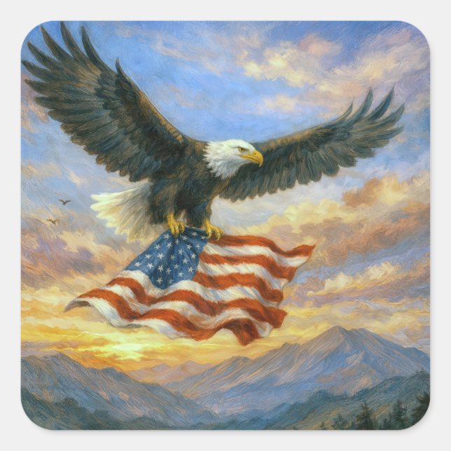 Bald Eagle Flying With American Flag Square Sticker (Front)