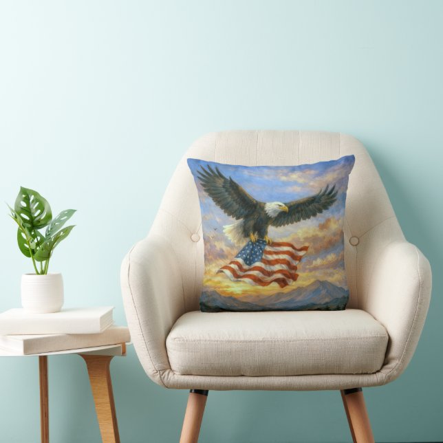Bald Eagle Flying With American Flag Throw Pillow (Chair)