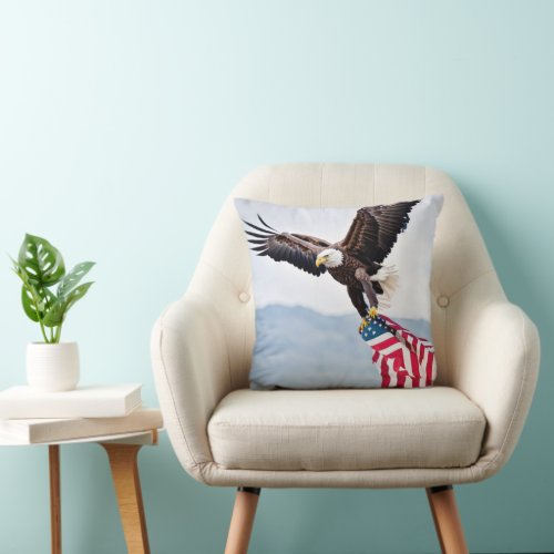 Bald Eagle Flying With American Flag Throw Pillow