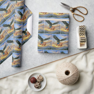 Bald Eagle Flying with American Flag Wrapping Paper