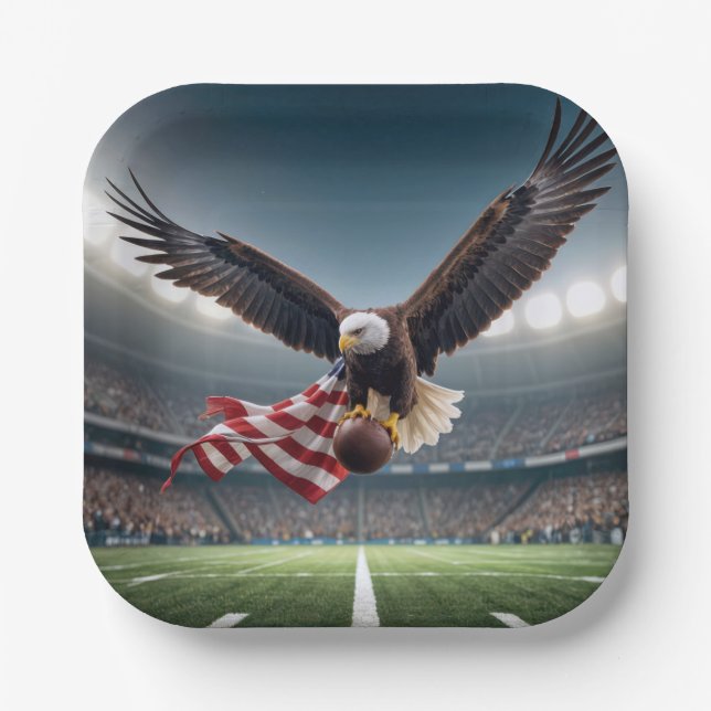 Bald Eagle Flying With Football and Flag Paper Plates (Front)