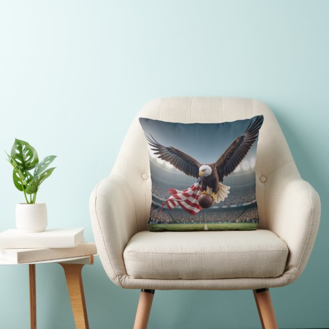 Bald Eagle Flying With Football and Flag Throw Pillow (Chair)