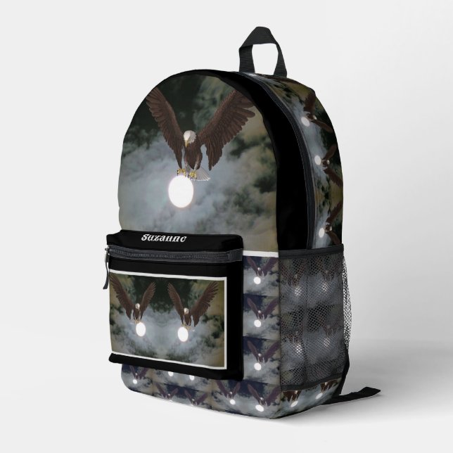 Bald Eagle Full Moon Fantasy Personalized Printed Backpack (Back Corner Right)