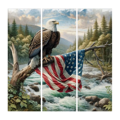 Bald Eagle Guarding The USA Flag Triptych