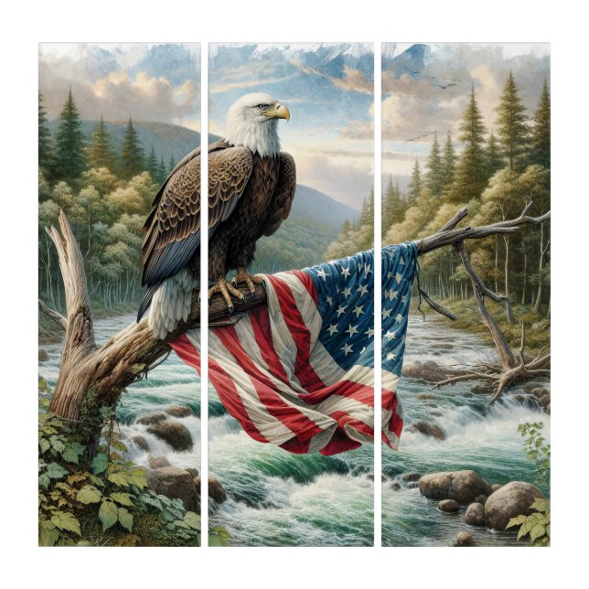 Bald Eagle Guarding The USA Flag Triptych (Front)