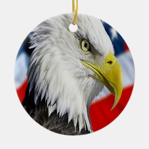 Bald Eagle head and a American flag Ceramic Ornament