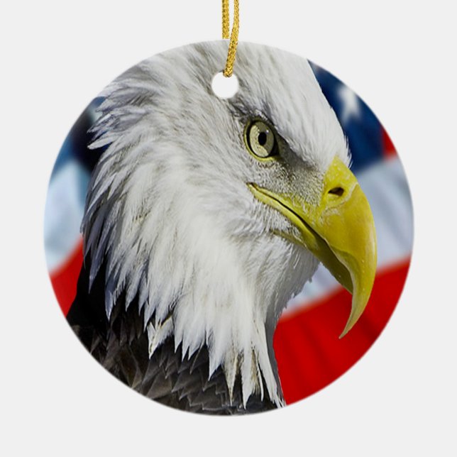 Bald Eagle head and a American flag Ceramic Ornament (Front)