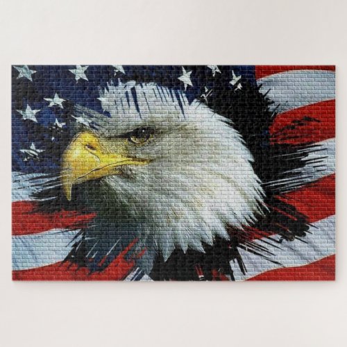 Bald Eagle head with a American flag behind him  Jigsaw Puzzle