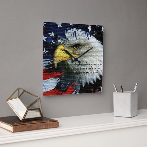 Bald Eagle head with a American flag behind him Square Wall Clock