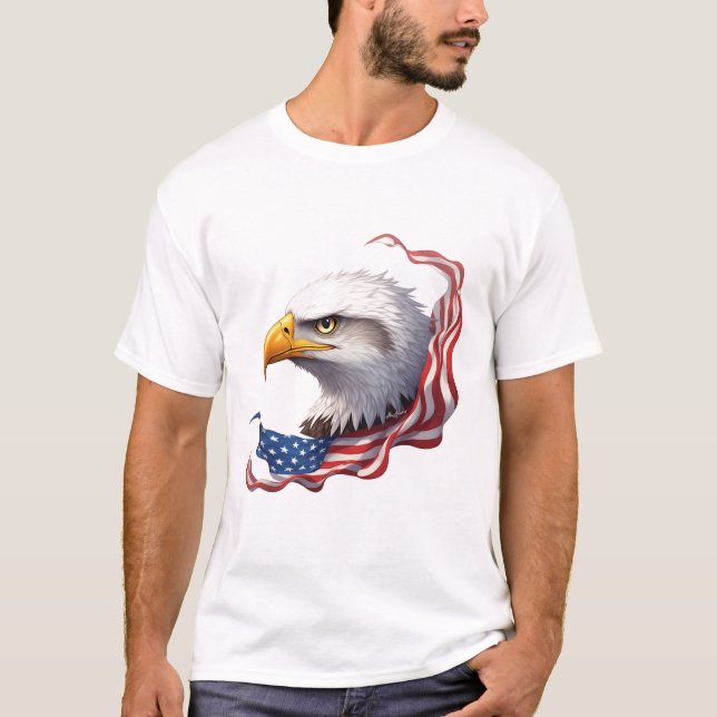 Bald Eagle Head with Flowing American Flag T-Shirt (Front)
