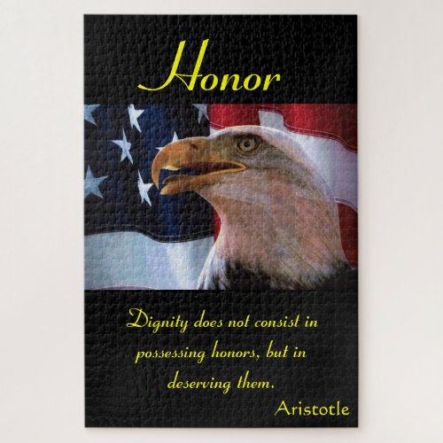 Bald eagle in front of a american flag jigsaw puzzle