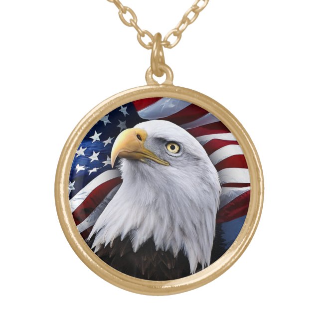 Bald Eagle in front of American Flag Gold Plated Necklace (Front)