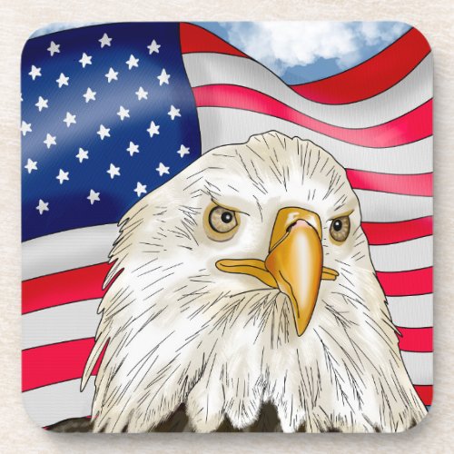 Bald Eagle in front of American Flag Patriotic Art Beverage Coaster