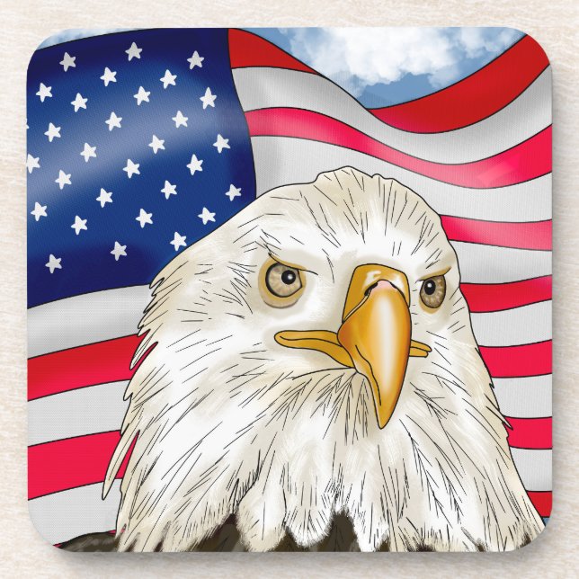 Bald Eagle in front of American Flag Patriotic Art Beverage Coaster (Front)