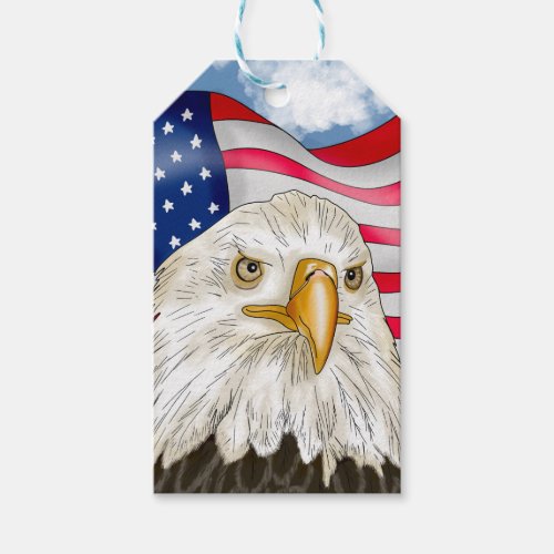 Bald Eagle in front of American Flag Patriotic Art Gift Tags
