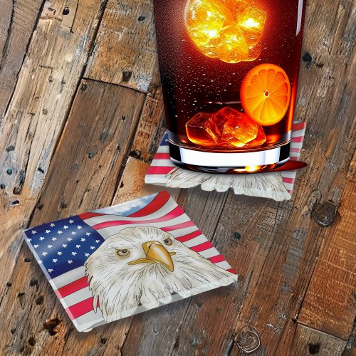 Bald Eagle in front of American Flag Patriotic Art Glass Coaster