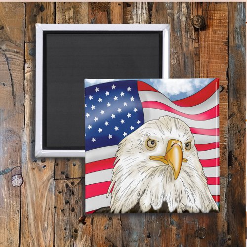 Bald Eagle in front of American Flag Patriotic Art Magnet