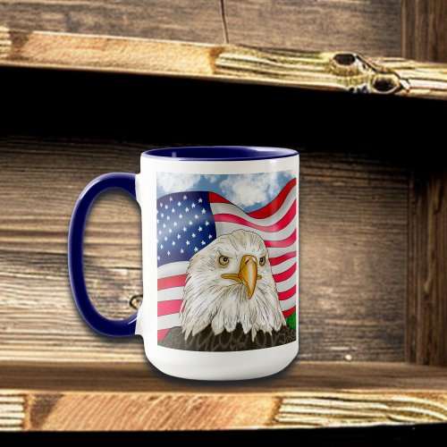 Bald Eagle in front of American Flag Patriotic Art Mug