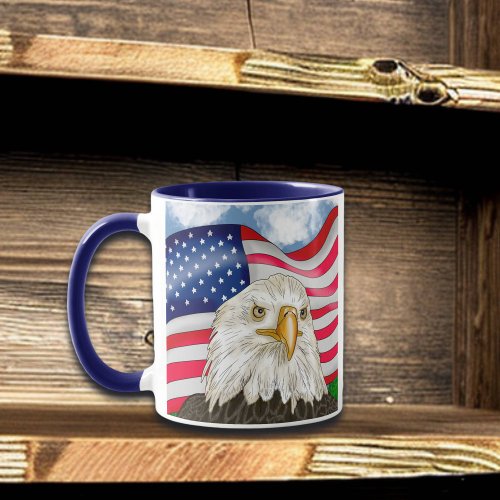 Bald Eagle in front of American Flag Patriotic Art Mug