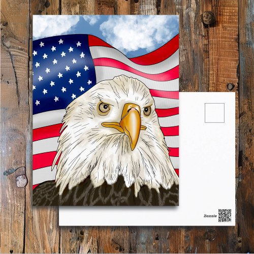 Bald Eagle in front of American Flag Patriotic Art Postcard