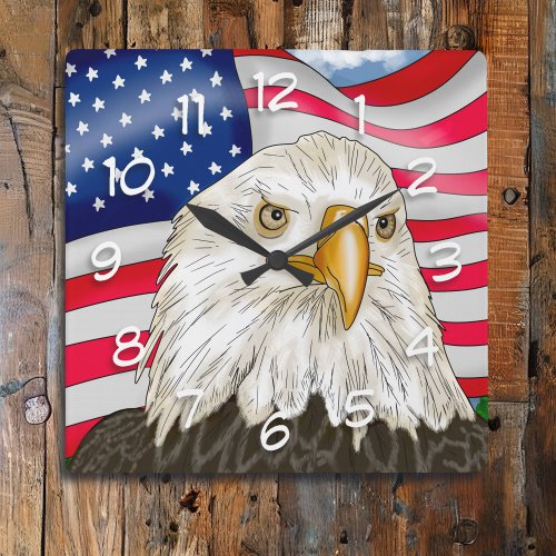 Bald Eagle in front of American Flag Patriotic Art Square Wall Clock