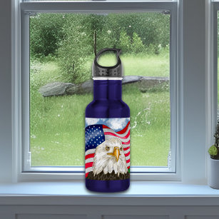 Bald Eagle in front of American Flag Patriotic Art Stainless Steel Water Bottle