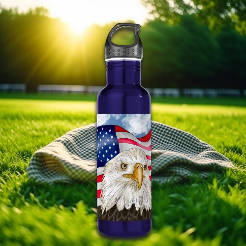 Bald Eagle in front of American Flag Patriotic Art Stainless Steel Water Bottle
