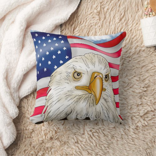 Bald Eagle in front of American Flag Patriotic Art Throw Pillow