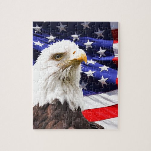 Bald Eagle in Front of American Flg Jigsaw Puzzle