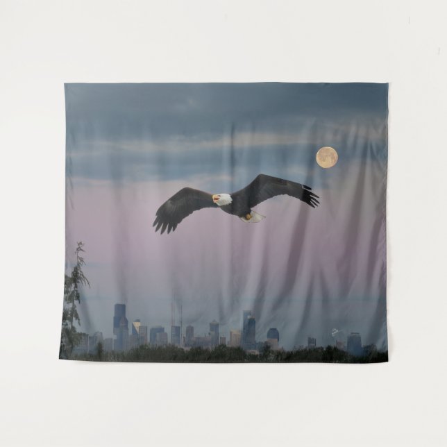 Bald Eagle In Front Of Seattle and Moon Tapestry (Front (Horizontal))