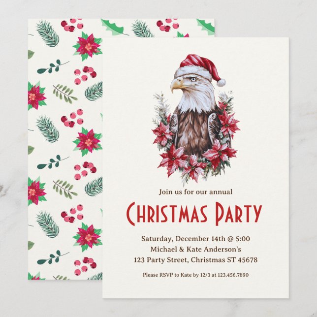 Bald Eagle in Santa Hat Patriotic Christmas Party  Invitation (Front/Back)