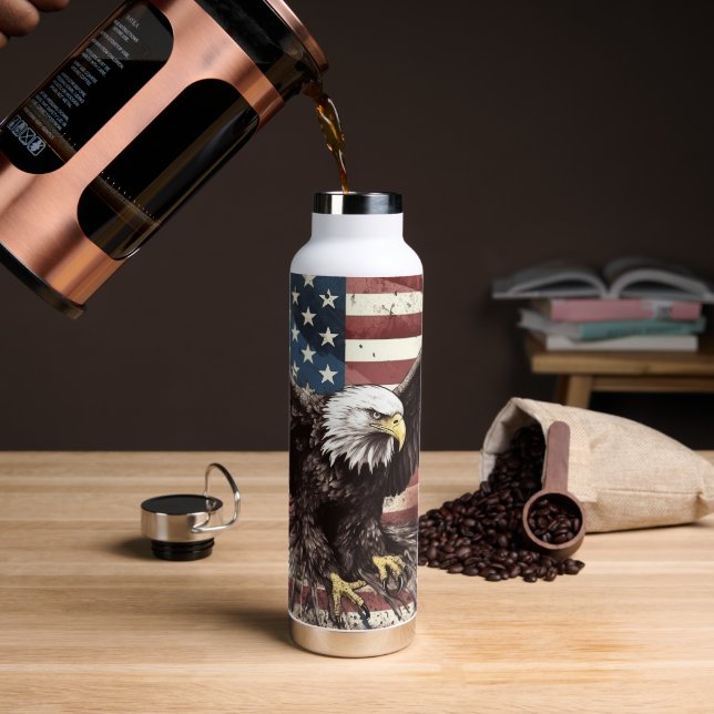 Bald Eagle Landing American Flag Water Bottle (Coffee)