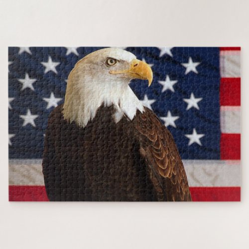 Bald Eagle looking with a American flag behind him Jigsaw Puzzle