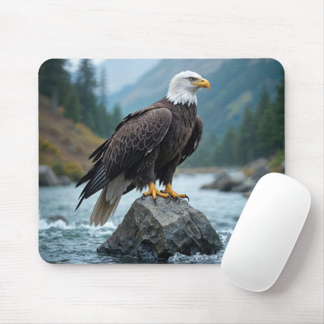 Bald Eagle On a River Rock Mouse Pad (With Mouse)