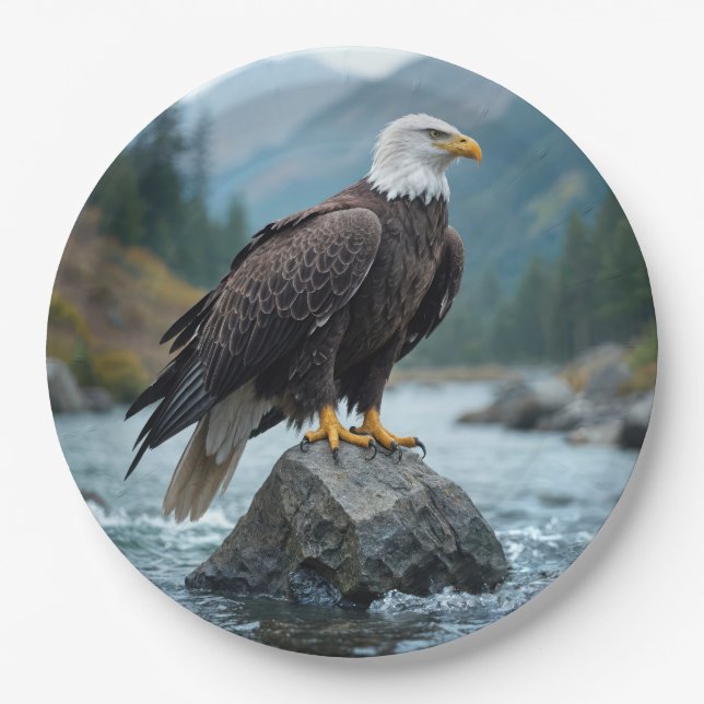 Bald Eagle On a River Rock Paper Plates (Front)
