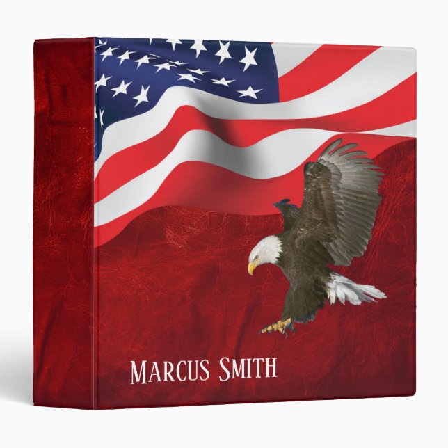 Bald Eagle on American Flag and Leather 3 Ring Binder (Front/Spine)