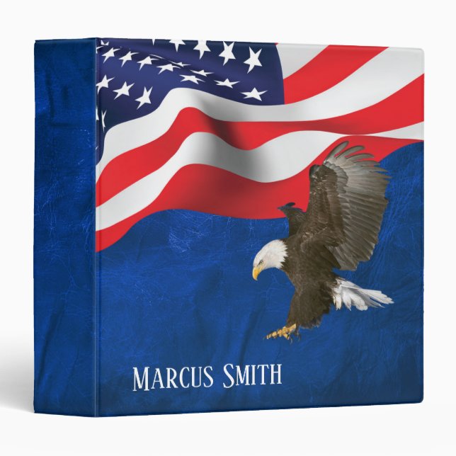 Bald Eagle on American Flag and Leather 3 Ring Binder (Front/Spine)