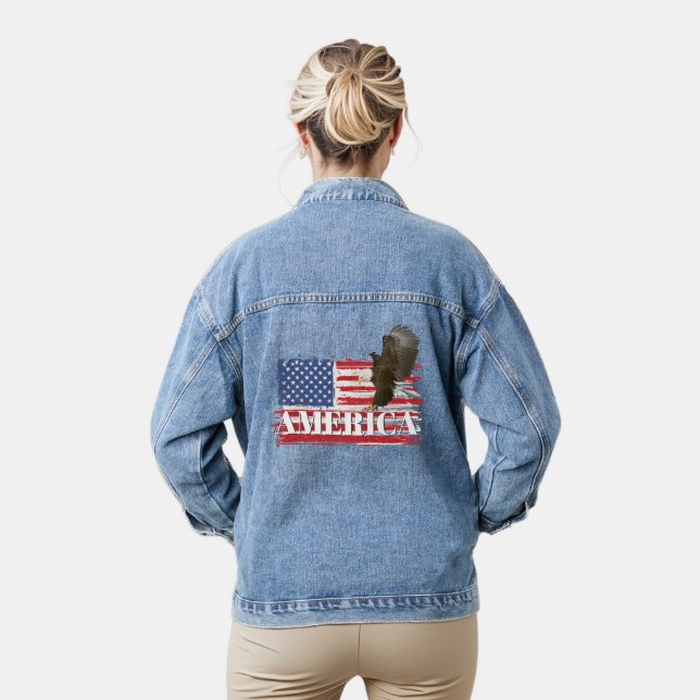 Bald Eagle on American Flag Denim Jacket (Model)