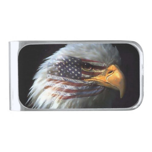 Bald Eagle on American Flag red white blue Silver Finish Money Clip