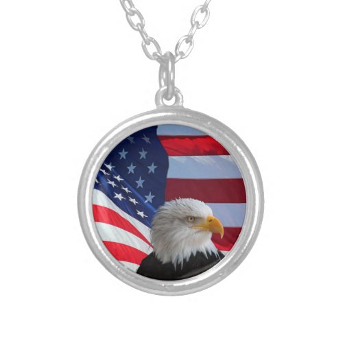 BALD EAGLE ON AMERICAN FLAG  SILVER PLATED NECKLACE