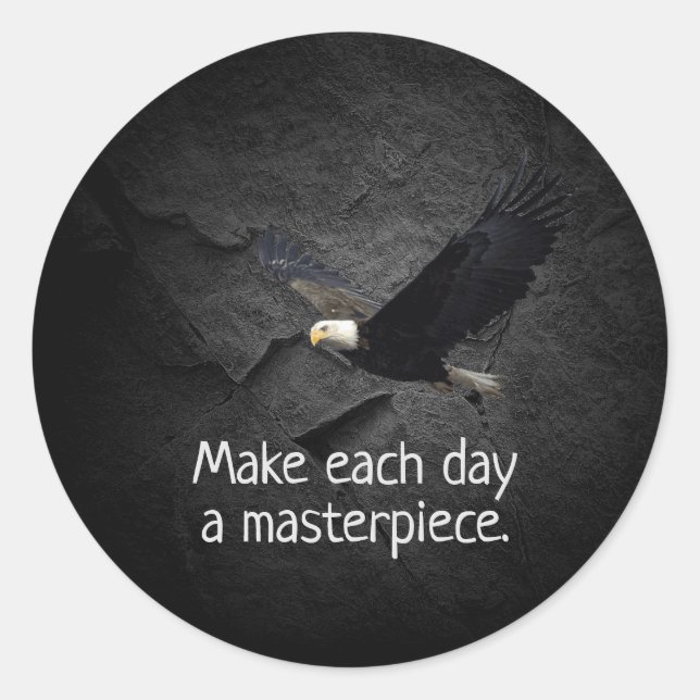 Bald Eagle on black stone with motivational quote Classic Round Sticker (Front)