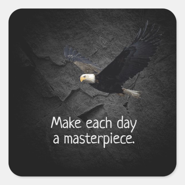 Bald Eagle on black stone with motivational quote Square Sticker (Front)