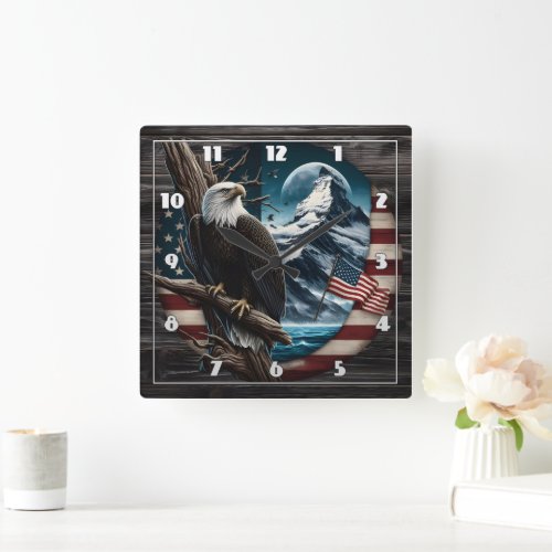 Bald Eagle on Branch With Mountain and Flag Square Wall Clock