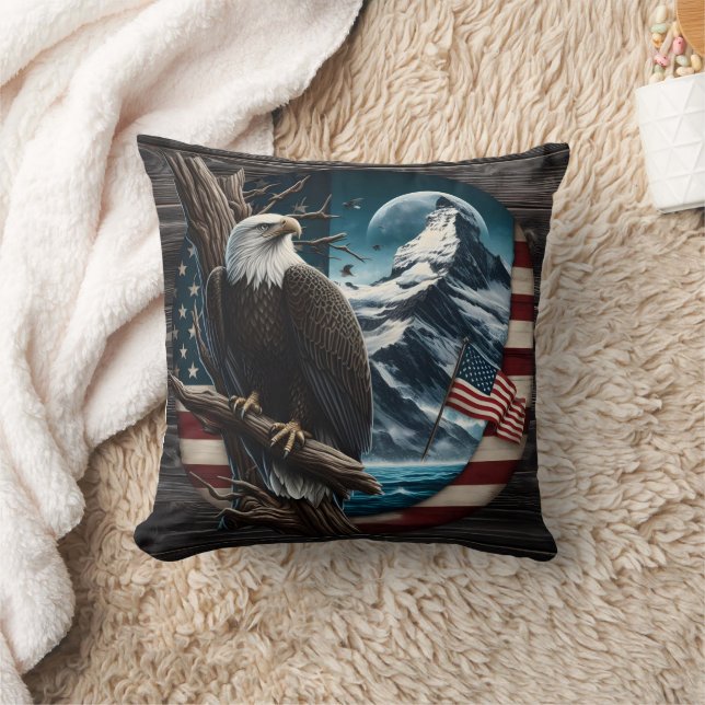 Bald Eagle on Branch With Mountain and Flag Throw Pillow (Blanket)