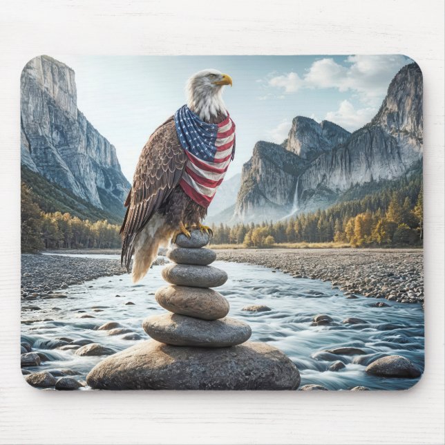 Bald Eagle On Cairn With American Flag  Mouse Pad (Front)