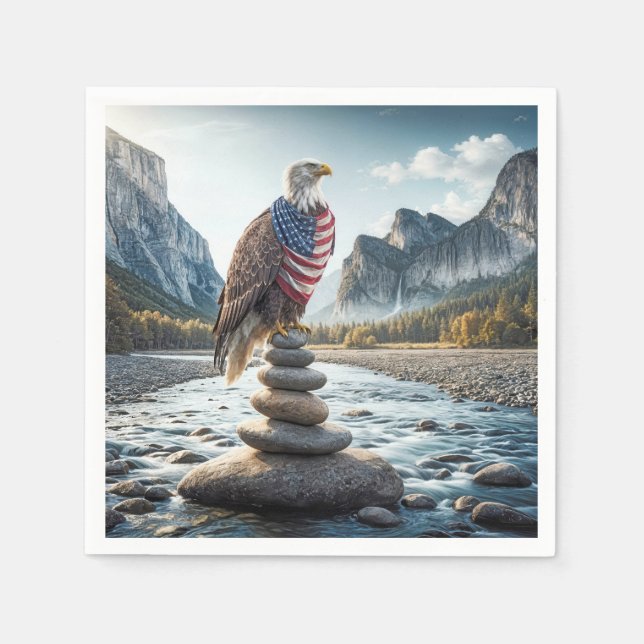 Bald Eagle On Cairn With American Flag  Napkins (Front)
