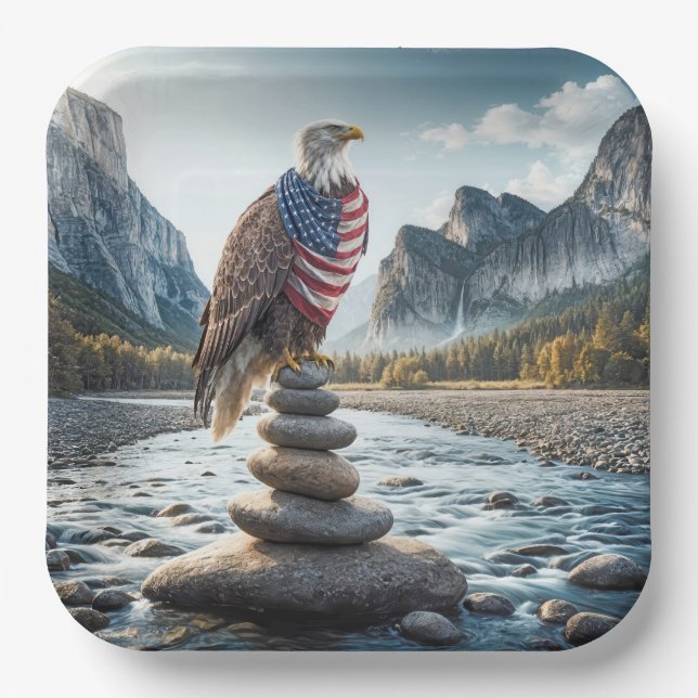 Bald Eagle On Cairn With American Flag  Paper Plates (Front)